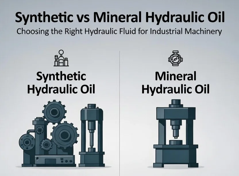 Synthetic vs Mineral Hydraulic Oil: Which Is Better for Industrial Machines in India? (Performance, Cost & Lifespan Explained) Create a realistic image of industrial hydraulic machinery in a modern Indian manufacturing facility with two large containers of hydraulic oil in the foreground - one labeled "SYNTHETIC" and one labeled "MINERAL" - showing golden amber colored oil, with factory workers in safety gear operating hydraulic equipment in the background, warm industrial lighting with overhead fluorescent lights, and bold text overlay reading "SYNTHETIC VS MINERAL HYDRAULIC OIL" in professional sans-serif font. Indian manufacturers and maintenance engineers face a critical decision when choosing hydraulic oil: synthetic vs mineral hydraulic oil. The wrong choice can lead to equipment downtime, increased maintenance costs, and reduced machine lifespan in India's demanding industrial environment. This guide helps plant managers, maintenance teams, and procurement professionals in Indian manufacturing understand which hydraulic oil delivers better value for their operations. We'll break down the real-world performance differences between synthetic and mineral oils in India's hot, dusty conditions and analyze the total cost of ownership including purchase price, maintenance intervals, and equipment protection. You'll also discover how each oil type affects machine lifespan and which industries benefit most from synthetic versus mineral hydraulic fluids. Understanding Hydraulic Oil Types and Their Core Differences Create a realistic image of two clear glass containers side by side on a clean industrial workbench, one containing golden-amber synthetic hydraulic oil and the other containing darker mineral hydraulic oil, with industrial hydraulic machinery components like pumps, cylinders, and hoses arranged in the background of a modern factory setting, professional lighting highlighting the oil viscosity differences, absolutely NO text should be in the scene. What Makes Synthetic Hydraulic Oil Unique Synthetic hydraulic oils are engineered fluids created through carefully controlled chemical processes rather than refined from crude oil. These laboratory-produced lubricants offer precise molecular structures that deliver consistent performance characteristics across varying operating conditions. The manufacturing process starts with base chemicals that are synthesized to create molecules with specific properties. This controlled approach eliminates many impurities and unwanted compounds found in conventional oils. The result is a fluid with uniform molecular weight distribution and enhanced stability. Key advantages of synthetic hydraulic oils include: Temperature resilience: Maintains viscosity stability from -40°C to 200°C Extended service life: Resists oxidation and thermal breakdown Enhanced lubricity: Superior film strength protects moving parts Moisture resistance: Better water separation and corrosion protection Reduced maintenance: Longer intervals between oil changes Key Characteristics of Mineral Hydraulic Oil Mineral hydraulic oils represent the traditional choice for industrial hydraulic systems. Derived from petroleum crude oil through refining processes, these oils undergo distillation, solvent extraction, and additive treatment to meet performance standards. The refining process removes waxes, aromatics, and other undesirable components while preserving beneficial hydrocarbon chains. Modern mineral oils receive carefully balanced additive packages to enhance their natural properties. Primary characteristics include: Cost effectiveness: Lower initial purchase price Wide availability: Readily accessible across India Proven reliability: Decades of successful industrial use Additive compatibility: Works with various performance enhancers Standard viscosity grades: ISO 32, 46, 68 options widely available Property Mineral Oil Synthetic Oil Base Material Petroleum crude Synthesized chemicals Molecular Structure Variable Uniform Temperature Range -20°C to 100°C -40°C to 200°C Service Life 1,000-2,000 hours 3,000-8,000 hours Chemical Composition Impact on Industrial Performance The molecular makeup of hydraulic oils directly influences their behavior under industrial operating conditions. Mineral oils contain complex hydrocarbon mixtures with varying chain lengths and molecular weights. This diversity can lead to inconsistent performance as different components break down at different rates. Synthetic oils feature precisely engineered molecules designed for specific performance targets. Their uniform structure provides predictable behavior across temperature ranges and operating pressures. This consistency translates to more reliable hydraulic system performance. Chemical stability affects several critical performance areas: Viscosity Index: Synthetic oils maintain consistent thickness across temperature changes, while mineral oils experience greater variation. Higher viscosity index means better cold-start performance and maintained protection at operating temperatures. Oxidation Resistance: The molecular structure of synthetic oils resists oxygen attack better than mineral oils. This resistance prevents oil thickening, acid formation, and deposit buildup that can damage hydraulic components. Hydrolytic Stability: Water contamination poses risks to both oil types, but synthetic formulations typically handle moisture exposure with less degradation. This becomes particularly important in humid Indian industrial environments where water ingression is common. Additive Response: The base oil chemistry influences how well performance additives function. Synthetic bases often provide better additive solubility and stability, leading to more effective anti-wear, anti-foam, and corrosion protection packages. Performance Analysis Under Indian Industrial Conditions Create a realistic image of industrial hydraulic machinery operating in a hot, dusty Indian factory environment with visible heat waves rising from equipment, heavy-duty hydraulic cylinders and pumps in operation, metal surfaces showing signs of wear from high temperatures and dust accumulation, industrial workers in safety gear monitoring performance gauges and temperature readings, harsh fluorescent lighting mixed with natural sunlight streaming through factory windows, ambient dust particles visible in the air, and hydraulic fluid reservoirs with monitoring equipment nearby, all set against a backdrop of concrete factory floors and steel infrastructure typical of Indian industrial facilities, Absolutely NO text should be in the scene. High Temperature Resistance in Hot Climate Operations India's industrial landscape presents unique challenges with ambient temperatures often exceeding 45°C, pushing hydraulic systems to their thermal limits. Synthetic hydraulic oils demonstrate superior performance in these extreme conditions, maintaining their viscosity index ratings even when operating temperatures reach 80-100°C. This stability prevents the oil thinning that commonly affects mineral oils, which can lose up to 30% of their protective properties in sustained heat. Mineral hydraulic oils begin breaking down chemically around 60°C, forming deposits that clog filters and reduce system efficiency. Manufacturing plants in states like Gujarat and Rajasthan report 40% longer maintenance intervals when switching to synthetic alternatives during peak summer months. The thermal breakdown resistance of synthetic oils means fewer production shutdowns and reduced risk of catastrophic hydraulic failure during critical operations. Heat dissipation capabilities also differ significantly between the two oil types. Synthetic formulations transfer heat more effectively, keeping hydraulic pumps and motors cooler during extended duty cycles. This characteristic proves invaluable for textile mills, steel plants, and automotive manufacturers operating multiple shifts in India's challenging climate conditions. Load-Bearing Capacity for Heavy Machinery Applications Heavy industrial equipment demands hydraulic oils that maintain their lubricating film strength under extreme pressure conditions. Synthetic hydraulic oils excel in high-pressure applications exceeding 350 bar, common in modern CNC machines, hydraulic presses, and injection molding equipment prevalent in Indian manufacturing. The molecular structure of synthetic oils provides superior load-bearing characteristics compared to mineral alternatives. While mineral oils may experience film breakdown under pressures above 250 bar, synthetic formulations maintain their protective barrier, preventing metal-to-metal contact that leads to component wear and costly repairs. Pressure Range Synthetic Oil Performance Mineral Oil Performance 100-200 bar Excellent film strength Good performance 200-300 bar Consistent protection Variable performance 300+ bar Superior load bearing Film breakdown risk Indian heavy machinery operators report 60% reduction in pump wear when using synthetic oils in high-pressure applications. Construction equipment, mining machinery, and large-scale manufacturing presses benefit significantly from synthetic oils' ability to handle shock loads and pressure spikes without compromising system integrity. Filtration Efficiency and System Cleanliness Benefits Dust and contamination pose serious challenges for hydraulic systems operating in India's industrial environment. Synthetic hydraulic oils contain fewer impurities from the manufacturing process, starting with a cleaner base compared to refined mineral oils that may retain trace contaminants. The chemical composition of synthetic oils creates better compatibility with modern filtration systems. These oils don't break down into particles that overwhelm filters, allowing filtration equipment to focus on removing external contaminants rather than oil degradation byproducts. Manufacturing facilities report filter life extending by 50-70% when switching to synthetic hydraulic fluids. System cleanliness improves dramatically with synthetic oils, as they resist forming the varnish and sludge deposits common with mineral oil breakdown. Clean hydraulic systems operate more efficiently, with servo valves maintaining precise positioning accuracy crucial for automated manufacturing processes. Quality control in pharmaceutical and electronics manufacturing depends on this level of system cleanliness. The detergent properties of many synthetic formulations help dissolve existing deposits left by previous mineral oil use, gradually cleaning legacy systems. This cleaning action continues throughout the oil's service life, maintaining optimal system performance without requiring costly system flushes. Oxidation Stability During Extended Operation Cycles Indian manufacturing often requires continuous operation over extended periods, placing enormous stress on hydraulic fluids through constant exposure to heat, air, and metal catalysts that accelerate oxidation. Synthetic hydraulic oils demonstrate exceptional resistance to oxidative breakdown, maintaining their chemical integrity for thousands of operating hours longer than mineral alternatives. Oxidation creates acids that corrode hydraulic components and form deposits that reduce system efficiency. While mineral oils typically begin showing oxidation byproducts after 1,000-1,500 operating hours, synthetic oils maintain stability for 3,000-5,000 hours under similar conditions. This extended stability translates directly to reduced maintenance costs and improved system reliability. The antioxidant package in synthetic oils works more effectively due to the cleaner base fluid chemistry. These additives don't compete with existing impurities, focusing entirely on preventing oxidative reactions that degrade oil performance. Steel mills and power generation facilities operating 24/7 cycles report significant reductions in oil analysis abnormalities when using synthetic hydraulic fluids. Temperature cycling, common in Indian industrial operations due to day-night temperature variations and equipment start-stop cycles, accelerates oxidation in mineral oils. Synthetic formulations resist this thermal stress, maintaining consistent viscosity and additive performance throughout varying temperature conditions. This stability proves crucial for maintaining production quality and preventing unexpected equipment failures during peak manufacturing periods. Cost Comparison for Indian Manufacturing Operations Create a realistic image of a modern Indian manufacturing facility floor with industrial machines and hydraulic equipment, featuring a close-up view of two different hydraulic oil containers or barrels labeled with price tags showing cost comparison, with Indian rupee currency symbols visible on calculators and cost analysis charts spread on a metal table, warm industrial lighting illuminating the scene, manufacturing equipment blurred in the background, absolutely NO text should be in the scene. Initial Purchase Price Differences Between Oil Types When examining the upfront costs, mineral hydraulic oil clearly wins the price battle in India. Mineral oils typically cost 30-50% less than synthetic alternatives, making them an attractive option for budget-conscious manufacturers. For a standard 200-liter drum, mineral hydraulic oil ranges from ₹8,000-12,000, while synthetic options command ₹15,000-25,000 for the same quantity. This price gap becomes even more significant for large-scale operations. A textile mill in Tamil Nadu requiring 2,000 liters monthly would spend approximately ₹60,000-80,000 on mineral oil versus ₹120,000-200,000 for synthetic varieties. The immediate savings appear substantial, especially for companies operating on tight margins. However, raw purchase price tells only part of the story. The lower cost of mineral oil reflects simpler refining processes and readily available crude oil feedstock, while synthetic oils require complex chemical engineering and specialized manufacturing facilities, driving up production costs. Long-Term Operational Cost Savings Analysis The real financial picture emerges when analyzing operational costs over extended periods. Synthetic hydraulic oils deliver superior performance that translates into measurable cost benefits across multiple operational areas. Energy efficiency represents a major cost advantage for synthetic oils. Their superior viscosity index and thermal stability reduce internal friction in hydraulic systems, lowering energy consumption by 3-8%. For a manufacturing facility with monthly electricity bills of ₹5 lakhs, this translates to savings of ₹15,000-40,000 per month. Equipment protection costs show even more dramatic differences. Synthetic oils create stronger lubricating films and resist oxidation better than mineral alternatives, reducing wear on pumps, cylinders, and valves. A case study from a Mumbai-based automotive component manufacturer showed 40% fewer hydraulic component failures after switching to synthetic oil, saving approximately ₹2.5 lakhs annually in replacement parts and emergency repairs. Temperature stability brings additional savings in India's extreme climate conditions. Synthetic oils maintain consistent viscosity across temperature ranges from 5°C to 45°C, while mineral oils thicken significantly in winter and thin out during summer months. This stability eliminates the need for seasonal oil changes and reduces system stress during temperature fluctuations. Cost Factor Mineral Oil (Annual) Synthetic Oil (Annual) Savings with Synthetic Energy consumption ₹6,00,000 ₹5,52,000 ₹48,000 Component replacement ₹4,50,000 ₹2,70,000 ₹1,80,000 Emergency repairs ₹1,20,000 ₹72,000 ₹48,000 Total Annual Savings ₹2,76,000 Maintenance and Replacement Frequency Impact on Budget Oil change intervals create the most significant budget impact difference between synthetic and mineral hydraulic oils. Mineral oils typically require replacement every 1,000-1,500 operating hours, while high-quality synthetic oils can run 3,000-4,000 hours between changes under similar conditions. For a manufacturing plant operating 16 hours daily, six days weekly, this means mineral oil changes every 2-3 months compared to 6-8 months for synthetic alternatives. The labor costs alone for these frequent changes add up quickly. Each oil change requires 4-6 hours of downtime, system flushing, and technician time, costing approximately ₹8,000-12,000 per change cycle. Filter replacement schedules also favor synthetic oils. Their cleaner burning characteristics and resistance to contamination extend filter life by 50-70%. Instead of changing hydraulic filters every 500 hours with mineral oil, synthetic users can often stretch intervals to 800-1,200 hours, reducing filter costs and maintenance labor. Disposal costs present another hidden expense. More frequent mineral oil changes generate larger volumes of waste oil, increasing disposal fees and environmental compliance costs. Synthetic oils' extended service life reduces waste generation by 60-70%, cutting disposal expenses from ₹25,000-35,000 annually to ₹8,000-12,000. The maintenance staffing impact shouldn't be overlooked either. Plants using mineral hydraulic oil often require dedicated maintenance crews for frequent oil changes and component repairs. Synthetic oil users can redeploy maintenance resources to other critical activities, improving overall operational efficiency and reducing labor costs by 15-20% in hydraulic system maintenance. Lifespan and Durability Factors in Industrial Settings Create a realistic image of heavy industrial machinery including hydraulic pumps, cylinders, and pistons in a large manufacturing facility, showing close-up details of metal components with signs of wear and aging, oil reservoirs and hydraulic fluid lines, with dramatic industrial lighting casting shadows across the equipment, emphasizing the durability and longevity aspects of hydraulic systems in harsh industrial environments, absolutely NO text should be in the scene. Oil Change Intervals for Maximum Equipment Protection Synthetic hydraulic oils consistently outperform mineral oils when it comes to change intervals, often lasting 2-3 times longer between services. While mineral oils typically require replacement every 1,000-2,000 operating hours in Indian industrial conditions, synthetic formulations can extend this to 3,000-5,000 hours under similar circumstances. This extended service life stems from synthetic oils' superior molecular stability and resistance to thermal breakdown. The harsh operating environment in many Indian manufacturing facilities - with temperatures often exceeding 40°C and high humidity levels - puts additional stress on hydraulic systems. Mineral oils break down faster under these conditions, forming acids and sludge that compromise equipment performance. Synthetic oils maintain their protective properties much longer, reducing the frequency of costly maintenance shutdowns. Oil Type Typical Change Interval Indian Industrial Conditions Mineral 1,000-1,500 hours High temperature stress Synthetic 3,000-4,000 hours Better thermal stability High-performance Synthetic 4,000-6,000 hours Optimal for critical applications Additive Depletion Rates Under Continuous Use Additive packages in hydraulic oils serve as the first line of defense against wear, oxidation, and contamination. Synthetic oils demonstrate significantly slower additive depletion rates compared to mineral alternatives, especially under continuous operation cycles common in Indian manufacturing. Anti-wear additives in mineral oils typically deplete 30-40% faster than those in synthetic formulations. This rapid depletion occurs because mineral oils' molecular structure provides less stable carrier properties for these crucial additives. The zinc dialkyldithiophosphate (ZDDP) compounds commonly used for wear protection break down more quickly in mineral base stocks when exposed to high temperatures and mechanical stress. Antioxidants face similar challenges in mineral oils. The natural sulfur and nitrogen compounds present in mineral base stocks can actually accelerate antioxidant consumption, creating a cycle where the oil becomes increasingly vulnerable to oxidation as operating hours accumulate. Synthetic oils, being manufactured rather than refined, lack these problematic compounds and provide a more stable environment for additive longevity. Contamination Resistance for Extended Service Life Water contamination poses a significant challenge in Indian industrial environments, particularly during monsoon seasons when humidity levels can exceed 80%. Synthetic hydraulic oils demonstrate superior water separation characteristics and emulsion resistance compared to mineral oils. The molecular structure of synthetic oils creates better water shedding properties, allowing contaminating moisture to separate more readily from the oil phase. This prevents the formation of stable emulsions that can damage hydraulic components and reduce system efficiency. Mineral oils tend to form tighter emulsions with water, making contamination removal more difficult and potentially leading to accelerated component wear. Particle contamination resistance also favors synthetic formulations. The cleaner molecular structure of synthetic oils means fewer polar compounds that attract and hold onto particulate matter. This translates to better filtration efficiency and longer filter life, reducing both maintenance costs and system downtime. Equipment Wear Reduction Benefits The superior lubrication properties of synthetic hydraulic oils translate directly into measurable reductions in equipment wear rates. Independent testing shows that synthetic oils can reduce pump wear by 25-40% compared to mineral oils under identical operating conditions. This wear reduction occurs through several mechanisms: Better viscosity stability across temperature ranges Stronger film strength under high pressure conditions Reduced friction coefficients at metal-to-metal contact points Better protection during startup conditions when oil temperatures are low Valve wear, particularly in proportional and servo valves common in modern industrial equipment, shows even more dramatic improvements with synthetic oils. The consistent viscosity and cleaner molecular structure help maintain precise clearances and reduce the micro-welding that can occur at high-pressure contact points. Storage Stability in Indian Warehouse Conditions Indian warehouse environments present unique challenges for hydraulic oil storage, with temperature fluctuations between 25-45°C and humidity levels varying dramatically between dry and monsoon seasons. Synthetic hydraulic oils maintain their properties much better under these variable storage conditions. Mineral oils are susceptible to thermal cycling effects, where repeated heating and cooling can cause additive precipitation and base oil degradation. Synthetic oils remain stable through these cycles, maintaining their original viscosity and additive integrity even after extended storage periods of 3-5 years. The resistance to bacterial growth also favors synthetic formulations. The cleaner molecular structure provides fewer nutrients for microorganisms that can cause oil degradation and system contamination. This becomes particularly important in coastal industrial areas where salt air can introduce additional contamination challenges. Package integrity remains better with synthetic oils due to reduced volatile compound formation. Mineral oils generate more vapor pressure changes with temperature cycling, potentially compromising drum and container seals over time. This stability helps maintain oil quality from delivery through final use, ensuring consistent performance regardless of storage duration. Industry-Specific Applications and Recommendations Create a realistic image of various industrial machines and equipment arranged in different factory sections including heavy manufacturing machinery, construction equipment, and automotive assembly lines, with hydraulic systems visibly integrated into the machines, showing different types of industrial applications across sectors like steel manufacturing, mining, and automotive production, set in a modern Indian industrial facility with proper lighting highlighting the mechanical components and hydraulic connections, featuring a clean organized factory floor environment with safety markings and industrial infrastructure, absolutely NO text should be in the scene. Best Oil Type for Steel and Metal Processing Plants Steel and metal processing operations demand hydraulic oils that can withstand extreme pressures, high temperatures, and heavy contamination. These environments expose hydraulic systems to metal particles, scale, and temperature spikes reaching 80-90°C during peak production hours. Synthetic hydraulic oils reign supreme in these demanding conditions. Their superior thermal stability prevents breakdown at high operating temperatures, while their excellent filterability maintains system cleanliness despite constant contamination exposure. The anti-wear properties of synthetic oils protect expensive hydraulic pumps and cylinders from the abrasive particles common in steel plants. Performance Factor Synthetic Oil Mineral Oil High-temperature stability Excellent (up to 100°C) Good (up to 70°C) Contamination resistance Superior Moderate Equipment protection Outstanding Good Maintenance intervals 3,000-4,000 hours 1,500-2,000 hours Steel plants using synthetic oils report 40-50% longer drain intervals and significantly reduced unplanned downtime. The initial cost premium pays for itself through extended equipment life and reduced maintenance requirements. Optimal Choice for Textile Manufacturing Equipment Textile manufacturing presents unique challenges for hydraulic systems. Modern textile machinery operates at high speeds with frequent start-stop cycles, creating temperature fluctuations and demanding precise control. The humid conditions typical in Indian textile mills can promote oxidation and bacterial growth in hydraulic fluids. High-quality mineral oils with advanced additive packages often provide the best balance for textile applications. These oils offer adequate performance while keeping operational costs manageable in this price-sensitive industry. The key lies in selecting mineral oils with robust anti-oxidant and anti-foam properties. Synthetic oils work exceptionally well in premium textile operations where maximum uptime is critical. Facilities producing high-value fabrics or operating continuous shifts benefit from synthetic oil's extended service life and consistent performance. Critical considerations for textile applications: Frequent temperature cycling requires good thermal stability High-speed operations need excellent anti-foam properties Humid environments demand strong oxidation resistance Cost sensitivity favors mineral oils in many operations Automotive Industry Hydraulic System Requirements The automotive manufacturing sector in India operates under strict quality standards and tight production schedules. Hydraulic systems power everything from stamping presses to robotic assembly lines, where even minor failures can halt entire production lines. Synthetic hydraulic oils deliver superior performance for automotive applications, particularly in critical systems like stamping operations and precision machining centers. The consistent viscosity across temperature ranges ensures reliable operation during varying ambient conditions, while the extended service life reduces maintenance windows. Automotive plants typically see 30-40% reduction in hydraulic system maintenance costs when switching from mineral to synthetic oils. The improved equipment reliability translates directly to higher production efficiency and reduced warranty costs. Application-specific recommendations: Stamping operations: Synthetic oils for maximum reliability and temperature stability Paint shop systems: High-quality mineral oils sufficient for controlled environments Assembly line robotics: Synthetic oils for precise control and extended service Material handling: Mineral oils adequate for less critical applications The automotive industry's focus on lean manufacturing makes synthetic oil's extended drain intervals particularly valuable, reducing maintenance-related production interruptions and supporting just-in-time manufacturing goals. Create a realistic image of two modern industrial hydraulic machines side by side in a large Indian manufacturing facility, with one machine using synthetic hydraulic oil (shown with clean, clear fluid in transparent reservoir) and another using mineral hydraulic oil (shown with slightly darker fluid), surrounded by industrial equipment, steel pipes, and control panels, with warm industrial lighting highlighting the machinery, Indian male engineer in safety vest examining performance data on a tablet, factory floor with concrete surfaces and overhead industrial lighting, conveying a professional comparison atmosphere, Absolutely NO text should be in the scene. Both synthetic and mineral hydraulic oils have their place in Indian industrial operations, but the right choice depends on your specific needs and operating conditions. Synthetic oils clearly win when it comes to performance in extreme temperatures and harsh environments, offering better protection and longer service life. However, mineral oils remain a cost-effective solution for standard operations where budget constraints are a primary concern. The key is matching your oil choice to your machinery's demands and your facility's operating conditions. If you're running high-performance equipment in challenging environments or need extended drain intervals, synthetic oil will pay for itself through reduced maintenance and downtime. For general-purpose applications with moderate operating conditions, mineral oil can deliver reliable performance at a fraction of the cost. Consider your equipment manufacturer's recommendations, operating temperatures, and maintenance budget to make the smartest choice for your business. hpcl lubricants